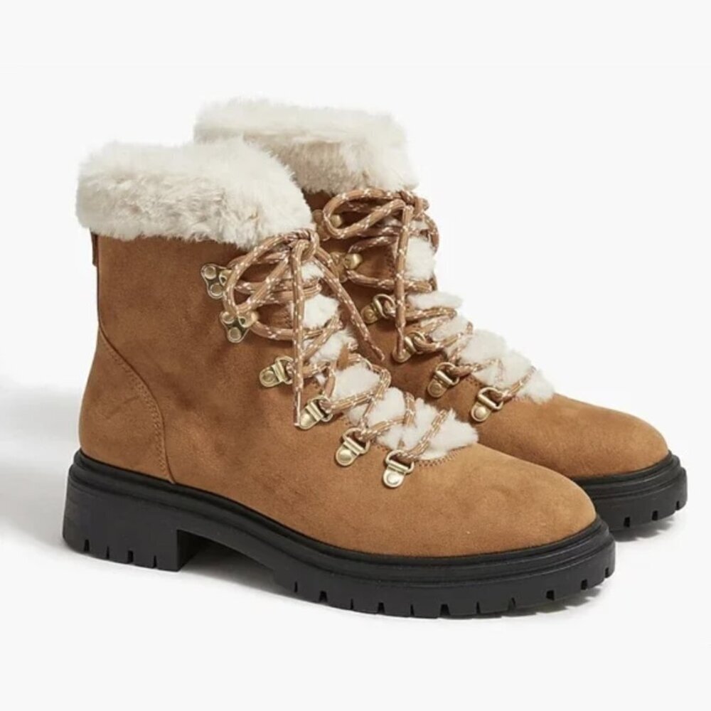 J. Crew Factory Faux-Fur Lace Up Winter Hiking Boots in Chestnut Brown, size 9